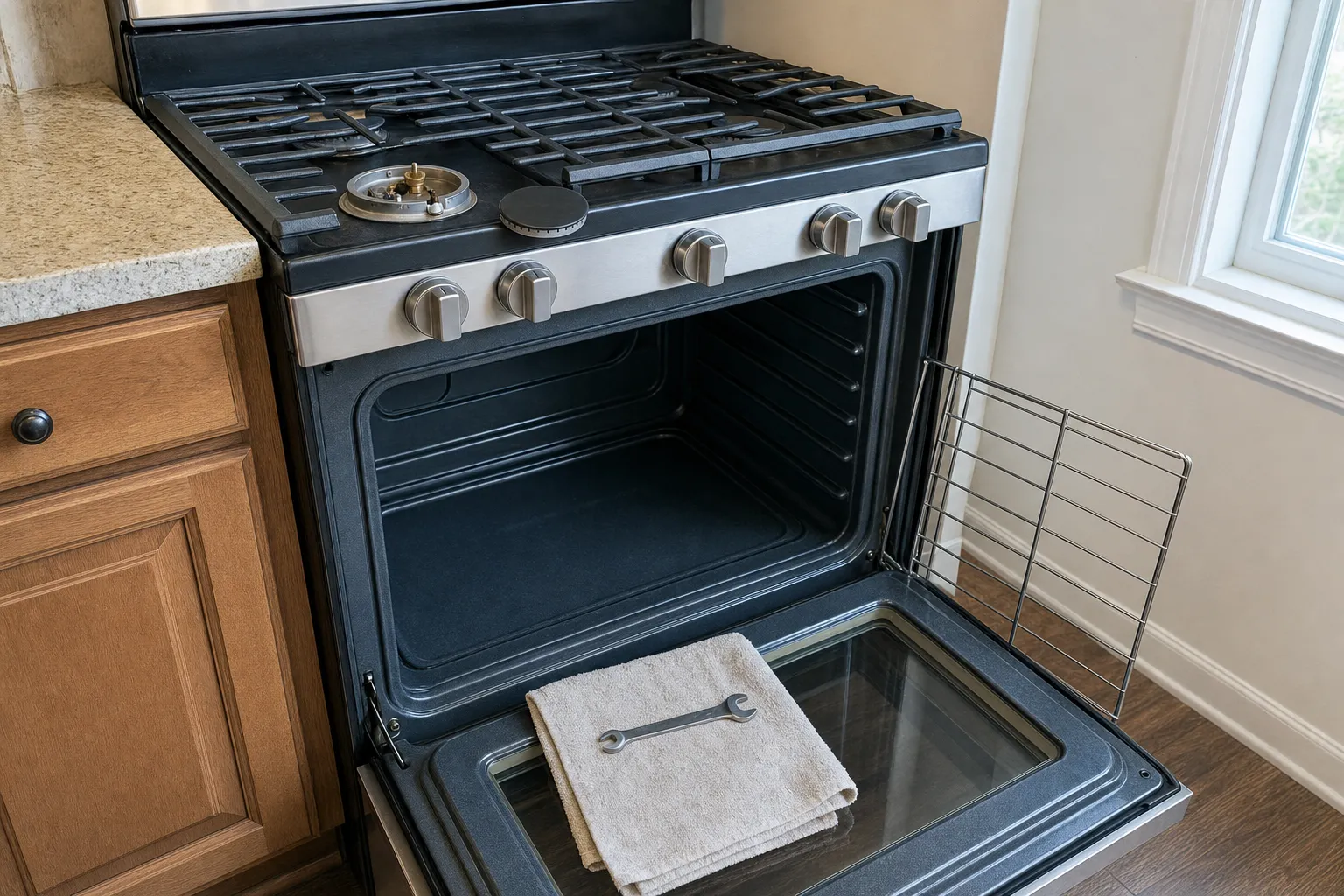 Freestanding gas range opened for service: oven door down, rack out, one burner cap removed on the cooktop