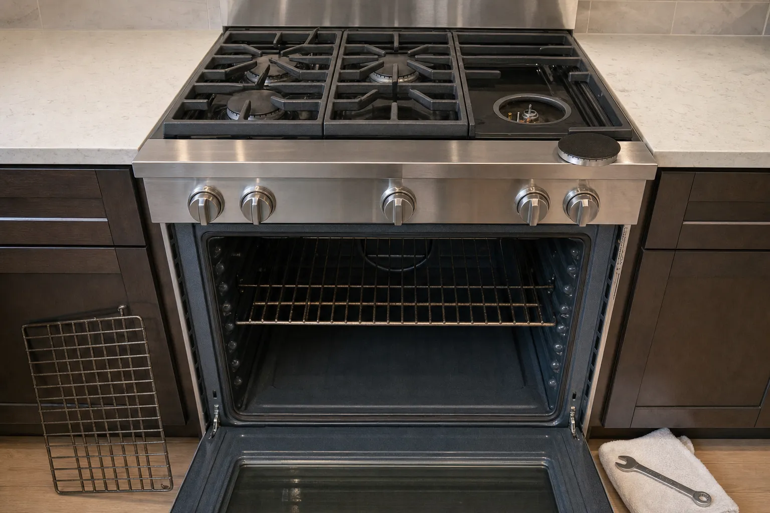 Five-burner gas cooktop on a pro-style range with one grate lifted and the burner base exposed