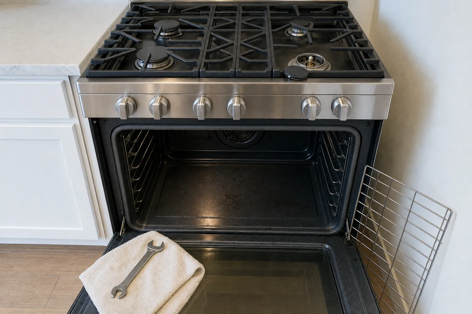 Gas range with the oven door open, convection cover at the back of the cavity and an uncapped burner