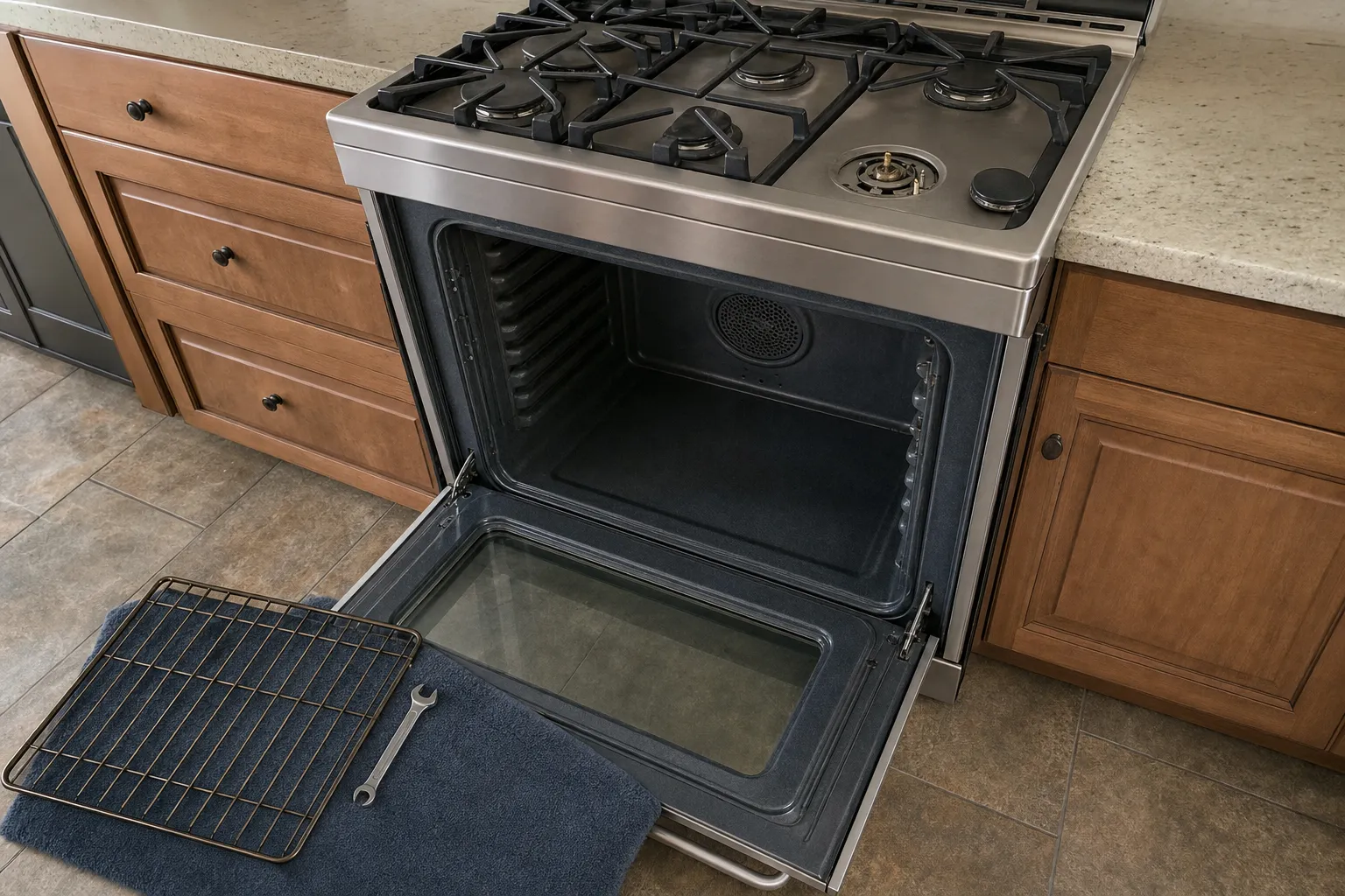 Gas range in a wood-cabinet kitchen with the oven door open and an oven rack laid out on a towel