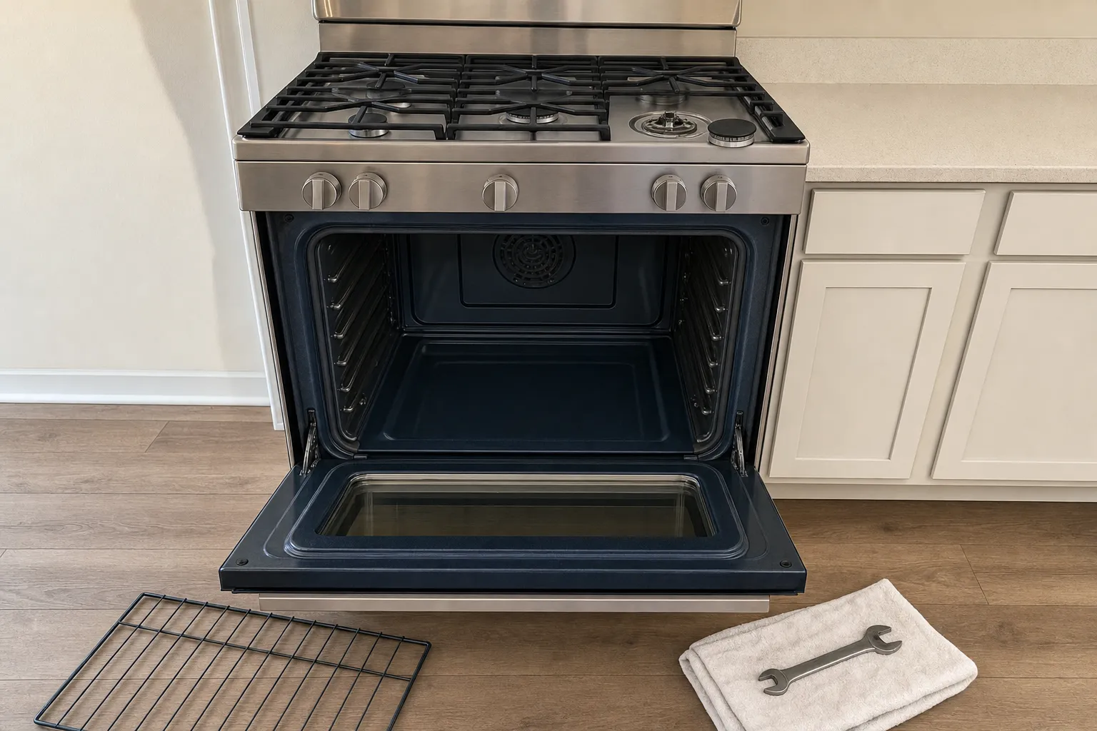Wide gas range with the oven door lowered and the cavity empty, a wire rack and a folded towel with a wrench on the wood floor